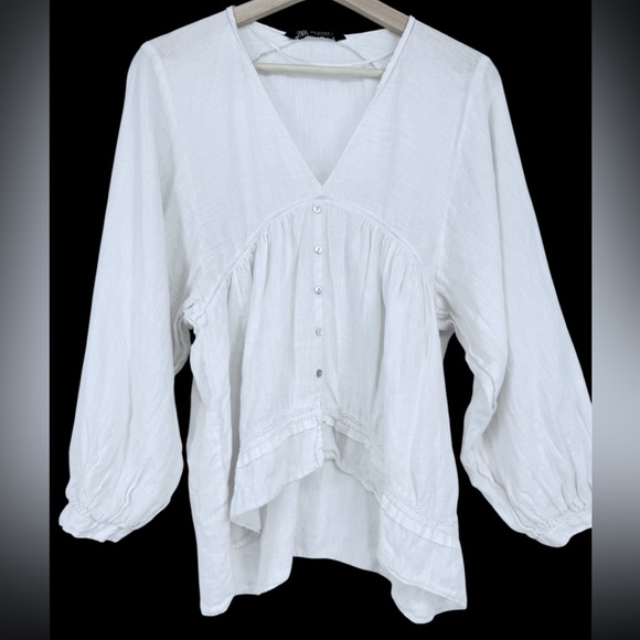 Zara White 100%‎ Linen Dolman Sleeve Blouse Top Size M - Picture 1 of 8